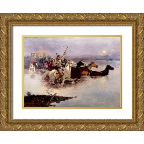 Crossing The River Gold Ornate Wood Framed Art Print with Double Matting by Russell, Charles M.