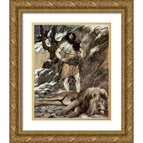 Benaiah, Who Slew The Lion Gold Ornate Wood Framed Art Print with Double Matting by Tissot, James