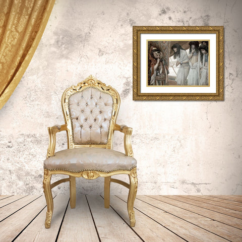 Egyptians Admire Sarahs (Sarai) Beauty Gold Ornate Wood Framed Art Print with Double Matting by Tissot, James