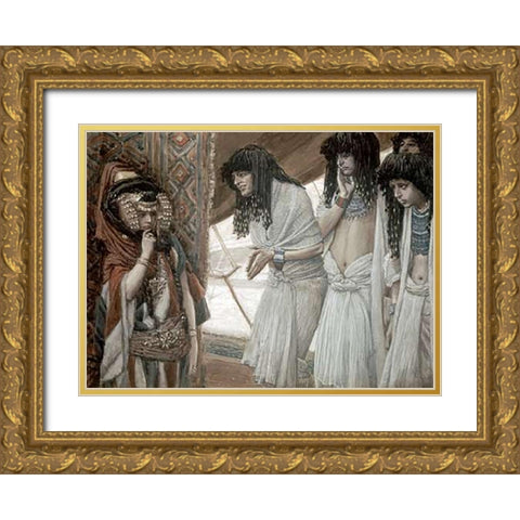 Egyptians Admire Sarahs (Sarai) Beauty Gold Ornate Wood Framed Art Print with Double Matting by Tissot, James