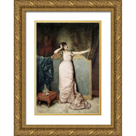 Admiring Herself Gold Ornate Wood Framed Art Print with Double Matting by Toulmouche, Auguste