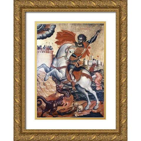 St. George Slaying The Dragon Gold Ornate Wood Framed Art Print with Double Matting by Tzanes