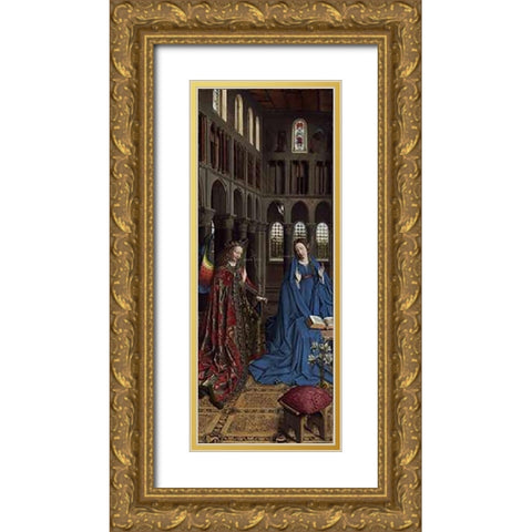 Annunciation Gold Ornate Wood Framed Art Print with Double Matting by Van Eyck, Jan