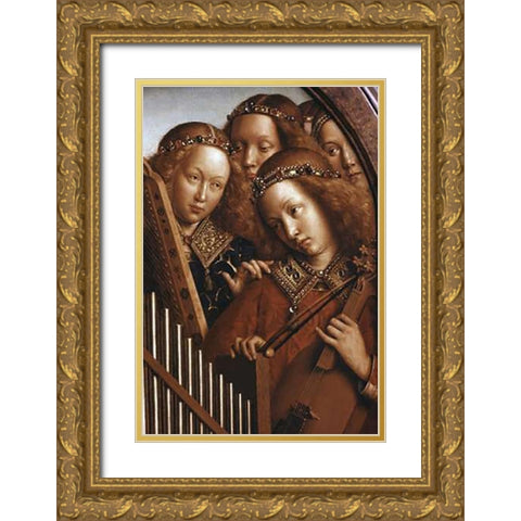 Singing Angels - Ghent Altarpiece Gold Ornate Wood Framed Art Print with Double Matting by Van Eyck, Jan