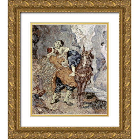 The Good Samaritan - After Delacroix Gold Ornate Wood Framed Art Print with Double Matting by Van Gogh, Vincent