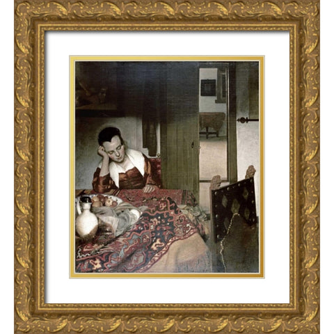 Girl Asleep at a Table Gold Ornate Wood Framed Art Print with Double Matting by Vermeer, Johannes