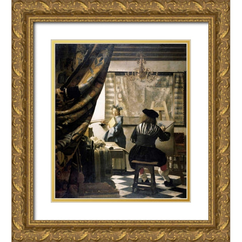 The Artists Studio Gold Ornate Wood Framed Art Print with Double Matting by Vermeer, Johannes