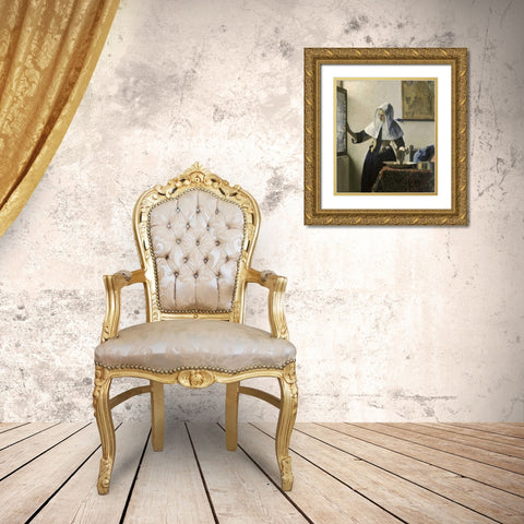 Woman with a Water Jug Gold Ornate Wood Framed Art Print with Double Matting by Vermeer, Johannes