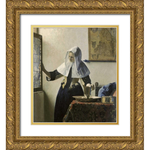 Woman with a Water Jug Gold Ornate Wood Framed Art Print with Double Matting by Vermeer, Johannes