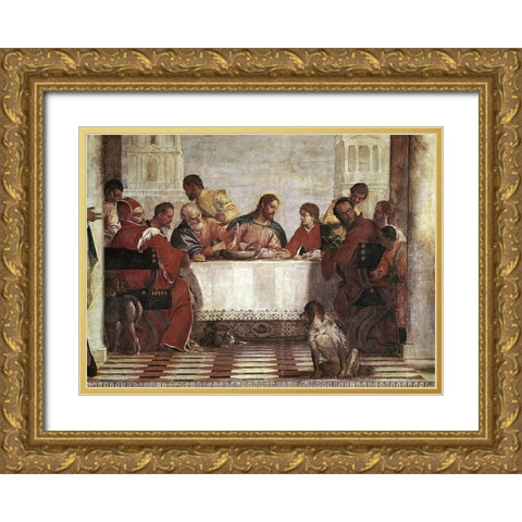 Dinner In The House of Levi - Detail Gold Ornate Wood Framed Art Print with Double Matting by Veronese, Paolo