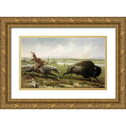 Buffalo Hunt Gold Ornate Wood Framed Art Print with Double Matting by Walker, Frederick