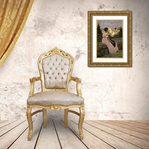 The Pink Dress (View of Castelnau-le-Lez, Herault) Gold Ornate Wood Framed Art Print with Double Matting by Bazille, Frederic