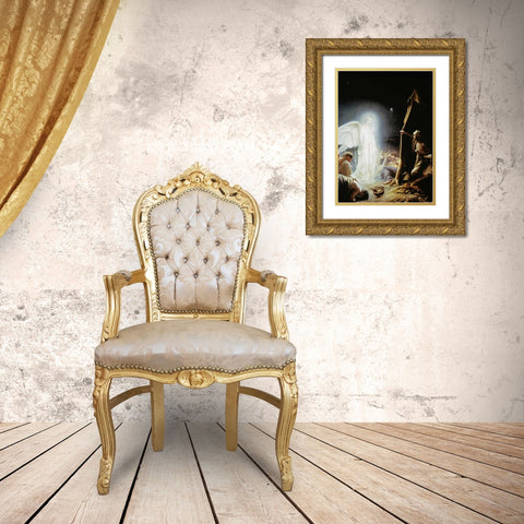 Angel and the Shepherds Gold Ornate Wood Framed Art Print with Double Matting by Bloch, Carl