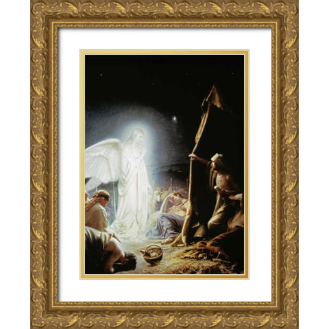 Angel and the Shepherds Gold Ornate Wood Framed Art Print with Double Matting by Bloch, Carl