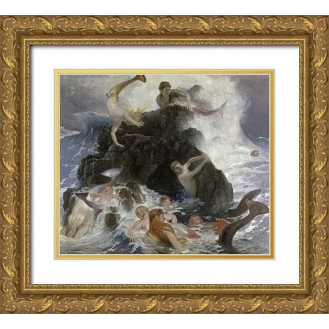 Mermaids at Play Gold Ornate Wood Framed Art Print with Double Matting by Bocklin, Arnold