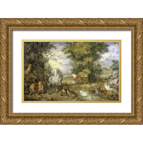The Animals Approaching the Ark Gold Ornate Wood Framed Art Print with Double Matting by Jan Brueghel the Elder
