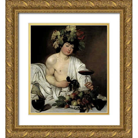 Bacchus Gold Ornate Wood Framed Art Print with Double Matting by Caravaggio