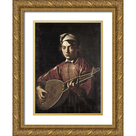 The Lute Player Gold Ornate Wood Framed Art Print with Double Matting by Caravaggio