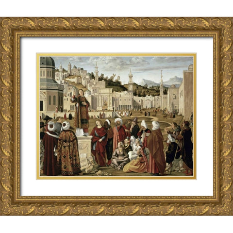 St. Stephen Preaching at Jerusalem Gold Ornate Wood Framed Art Print with Double Matting by Carpaccio, Vittore
