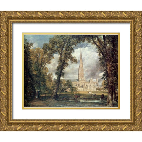 Salisbury Cathedral Gold Ornate Wood Framed Art Print with Double Matting by Constable, John