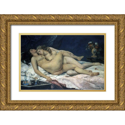 Sleep Gold Ornate Wood Framed Art Print with Double Matting by Courbet, Gustave