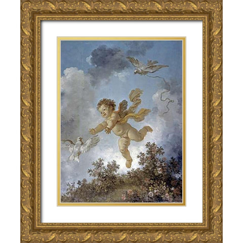 Love Reaching for a Dove Gold Ornate Wood Framed Art Print with Double Matting by Fragonard, Jean Honore