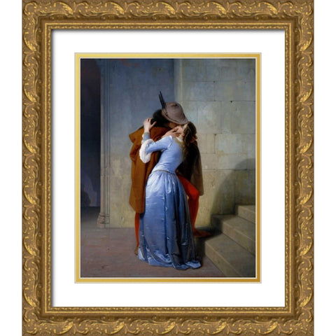 The Kiss Gold Ornate Wood Framed Art Print with Double Matting by Hayez, Francesco