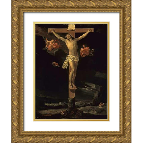 The Crucifixion Gold Ornate Wood Framed Art Print with Double Matting by Le Brun, Charles