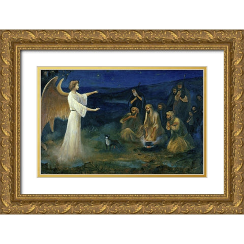 Angel Announcing the Birth of Christ to Shepherds Gold Ornate Wood Framed Art Print with Double Matting by Leinweber, Robert