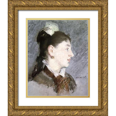 The Young Woman with a Wing Collar, Profile (La jeune fille au col casse) Gold Ornate Wood Framed Art Print with Double Matting by Manet, Edouard