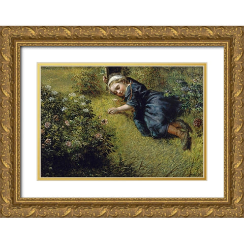 Garden Slumber Gold Ornate Wood Framed Art Print with Double Matting by Millais, John Everett