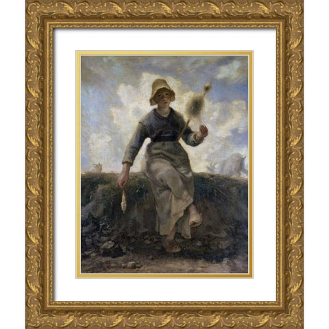 The Spinner, Goat-Girl from the Auvergne Gold Ornate Wood Framed Art Print with Double Matting by Millet, Jean-Francois
