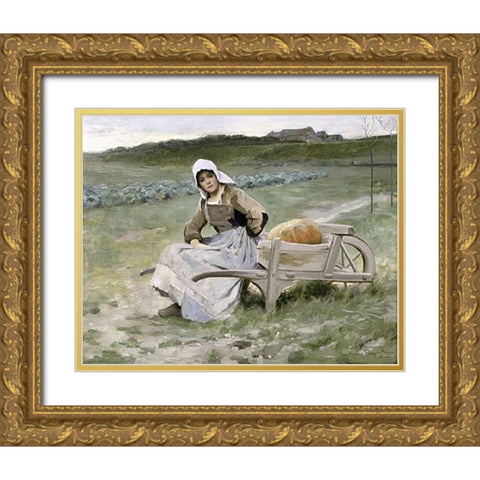 Brittany Farm Girl Gold Ornate Wood Framed Art Print with Double Matting by Pearce, Charles Sprague
