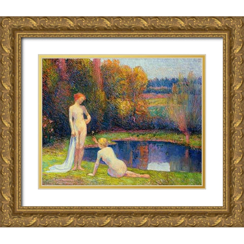 Les Baigneuses Gold Ornate Wood Framed Art Print with Double Matting by Petitjean, Hippolyte