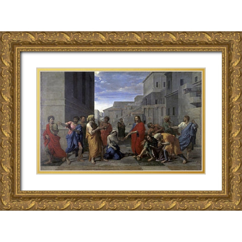 Christ and the Woman Taken in Adultery Gold Ornate Wood Framed Art Print with Double Matting by Poussin, Nicolas