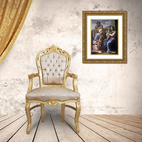 The Holy Family with John the Baptist and St. Elizabeth Gold Ornate Wood Framed Art Print with Double Matting by Poussin, Nicolas