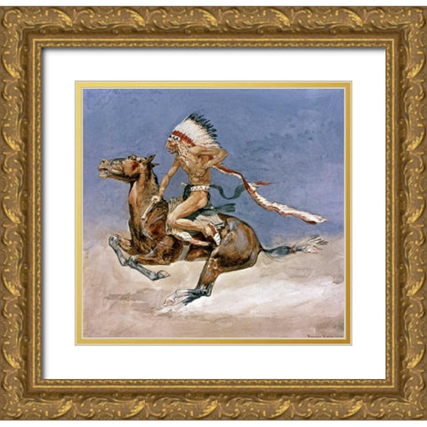 Pony War Dance Gold Ornate Wood Framed Art Print with Double Matting by Remington, Frederic