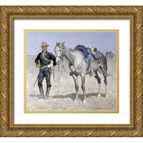Trooper of the Plains Gold Ornate Wood Framed Art Print with Double Matting by Remington, Frederic