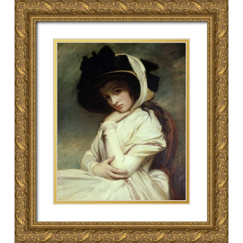 Lady Hamilton in a Straw Hat Gold Ornate Wood Framed Art Print with Double Matting by Romney, George