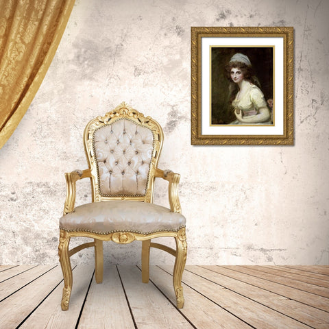 Lady Hamilton in a White Turban Gold Ornate Wood Framed Art Print with Double Matting by Romney, George