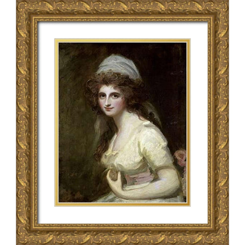 Lady Hamilton in a White Turban Gold Ornate Wood Framed Art Print with Double Matting by Romney, George