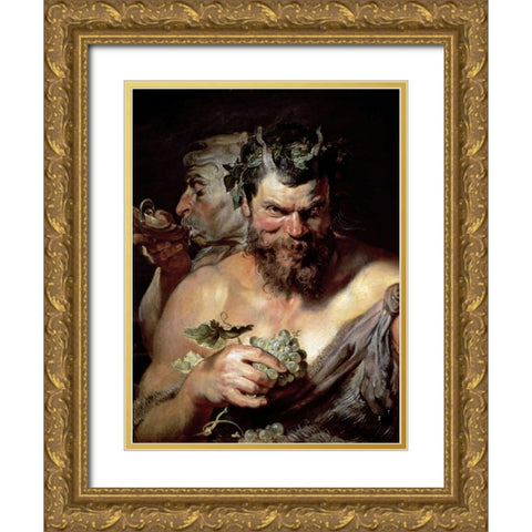 The Two Satyrs Gold Ornate Wood Framed Art Print with Double Matting by Rubens, Peter Paul