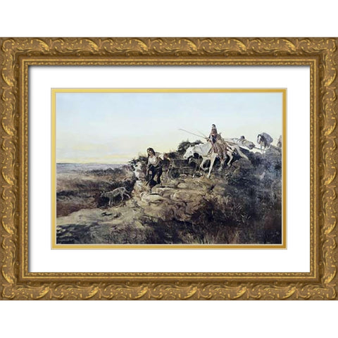 Return from Hunt Gold Ornate Wood Framed Art Print with Double Matting by Russell, Charles