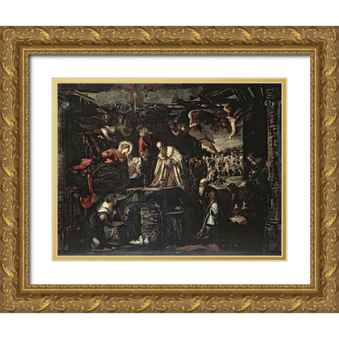 Adoration of the Magi Gold Ornate Wood Framed Art Print with Double Matting by Tintoretto, Jacopo