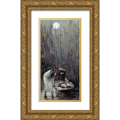 Moses Laid Amid the Flags Gold Ornate Wood Framed Art Print with Double Matting by Tissot, James