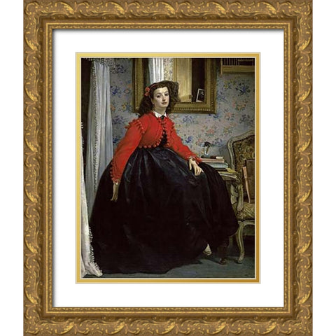 Young Woman in a Short Red Jacket Gold Ornate Wood Framed Art Print with Double Matting by Tissot, James