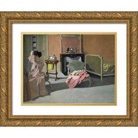 Lady Doing Her Hair Gold Ornate Wood Framed Art Print with Double Matting by Vallotton, Felix