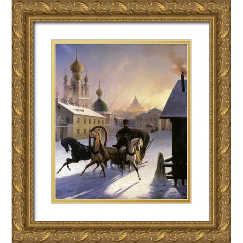 Troika on St. Petersburg Street Gold Ornate Wood Framed Art Print with Double Matting by Von Hampein, Carl