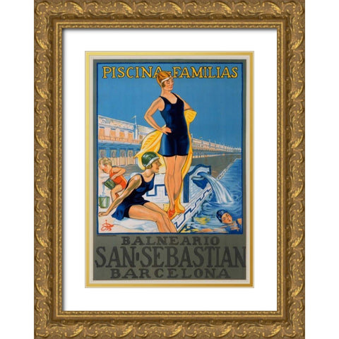 San Sebastian/Piscina Familias, Barcelona Gold Ornate Wood Framed Art Print with Double Matting by Unknown