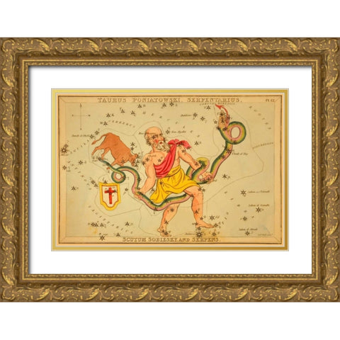Taurus Poniatowski, Serpentarius, Scutum Sobiesky, and Serpens, 1825 Gold Ornate Wood Framed Art Print with Double Matting by Aspin, Jehoshaphat